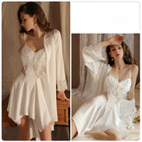 Cifeeo-Perspective Mesh Backless Butterfly Lingerie Women's Sleepwear Sexy Plus Size Nightgown Silk Robe Home Suit Set