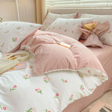 Cifeeo-2025 Spring Bedding Set Washed Cotton Duvet Cover Set Ins Floral Style with Flat Sheet Pillowcase No Filler Queen Double Girls Boys Home Bed Linens