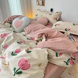 Cifeeo-2025 Spring Bedding Set Ins Pink Tulip Bedding Set Floral Duvet Cover Flat Sheet with Pillowcases No Filling Single Queen Size Boys Girls Bed Linen