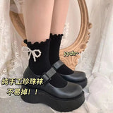 Cifeeo-2 Pair Women Socks Cotton Female Thin Cute Sweet Kawaii Lolita Harajuku Summer Pearl Stockings Lace Sock White Black Ruffle