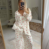 Cifeeo-Summer New Love Heart Print Pyjama 100% Cotton Long Sleeve Set 2Pcs Outfit Lapel Sleepwear Button Down Women's Pajamas Nightwear