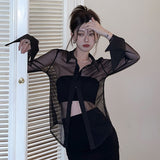 Cifeeo-work holiday party outfit Hot Girl Royal Sister Elegant Sexy Shirt Women's Transparent Black Slim Mesh Inner Shirt Top for Women