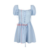 Cifeeo-Summer Detachable Puff Sleeve Corset Dress Mini Elegant Blue Square Neck Dress Casual Women Holiday Party Dress 2025