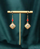 CIFEEO- Art Gold Copper Overgild Inlaid Jade Gem Stone Bamboo Leaf Drop Earring KX1090