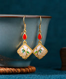 CIFEEO- Art Gold Copper Overgild Inlaid Jade Gem Stone Bamboo Leaf Drop Earring KX1090