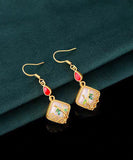 CIFEEO- Art Gold Copper Overgild Inlaid Jade Gem Stone Bamboo Leaf Drop Earring KX1090