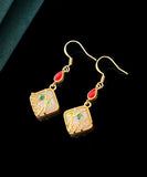 CIFEEO- Art Gold Copper Overgild Inlaid Jade Gem Stone Bamboo Leaf Drop Earring KX1090