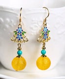 CIFEEO- Sterling Silver Inlaid Amber Turquoise Floral Drop Earrings