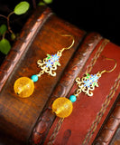 CIFEEO- Sterling Silver Inlaid Amber Turquoise Floral Drop Earrings