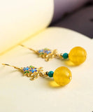 CIFEEO- Sterling Silver Inlaid Amber Turquoise Floral Drop Earrings