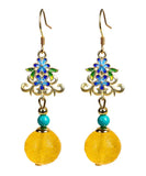 CIFEEO- Sterling Silver Inlaid Amber Turquoise Floral Drop Earrings