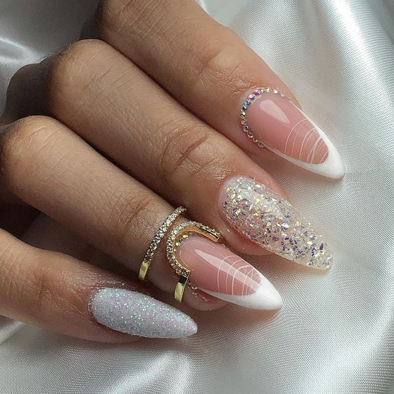 Cifeeo 24Pcs Detachable Almond False Nails French Fake Nails Full Nail Art Tips Press On Nails