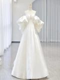 Cifeeo- A-Line Sweetheart Neck Satin White Long Wedding Dresses B049