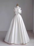 Cifeeo- Simple A-Line Off The Shoulder Satin White Long Wedding Dresses B081