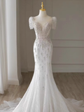 Cifeeo- Luxury Mermaid Short Sleeves White Long Wedding Dresses B082