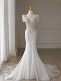 Cifeeo- Luxury Mermaid Short Sleeves White Long Wedding Dresses B082