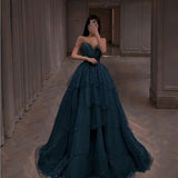 Cifeeo-Cyber Monday Christmas party outfits Elegant Ball Gown Straps Long Tulle Blue Prom Dress B492