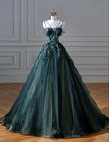 Cifeeo-Cyber Monday Christmas party outfits Elegant A line Dark Green Tulle Long Prom Dress B498