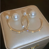 CIFEEO- Beautiful Gold Sterling Silver Alloy Zircon Pearl Hoop Earrings ZZ057