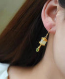 CIFEEO- Beautiful Gold Sterling Silver Overgild Jade Tassel Drop Earrings GH1016