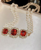 CIFEEO- Beautiful Red Alloy Zircon Bilayer Pearl Gratuated Bead Necklace GH1022