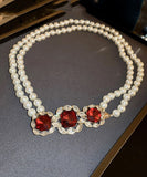 CIFEEO- Beautiful Red Alloy Zircon Bilayer Pearl Gratuated Bead Necklace GH1022