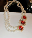 CIFEEO- Beautiful Red Alloy Zircon Bilayer Pearl Gratuated Bead Necklace GH1022