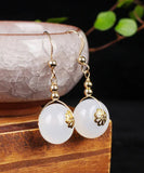 CIFEEO- 14K Gold Chalcedony Floral Drop Earrings