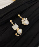 CIFEEO- Beautiful White Gold Copper Overgild Pearl Little Cats Asymmetric Drop Earrings KX1021