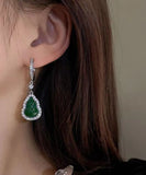 CIFEEO- Boutique Green Sterling Silver Inlaid Zircon Jade Gourd Drop Earrings ZZ076