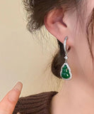 CIFEEO- Boutique Green Sterling Silver Inlaid Zircon Jade Gourd Drop Earrings ZZ076