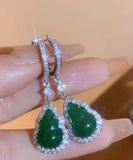 CIFEEO- Boutique Green Sterling Silver Inlaid Zircon Jade Gourd Drop Earrings ZZ076