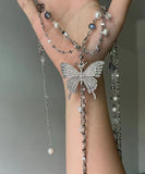 CIFEEO- Boutique Silk Metal Butterfly Pearl Multilayer Tassel Lariat Necklace ZZ066