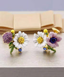 CIFEEO- Brief Rainbow Sterling Silver Asymmetrical Enamel Floral Stud Earrings ZZ065