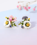 CIFEEO- Brief Rainbow Sterling Silver Asymmetrical Enamel Floral Stud Earrings ZZ065