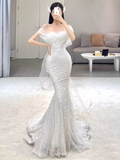 Cifeeo- Fairytale Mermaid Off The Shoulder Long Sequin White Wedding Dresses C1231