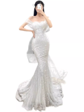 Cifeeo- Fairytale Mermaid Off The Shoulder Long Sequin White Wedding Dresses C1231