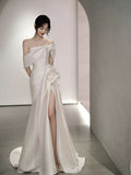 Cifeeo- Fairytale Mermaid Short Sleeves White Off The Shoulder Slit Wedding Dress C1243