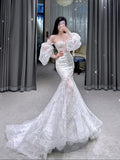 Cifeeo- Fairytale Mermaid Strapless Lace White Wedding Dress With Sleeves C1264