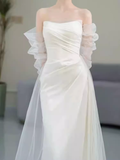 Cifeeo- White Mermaid Strapless Satin Wedding Dress With Sleeves C1455