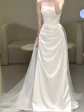 Cifeeo- White Mermaid Strapless Satin Wedding Dress With Sleeves C1455