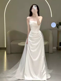 Cifeeo- White Mermaid Strapless Satin Wedding Dress With Sleeves C1455