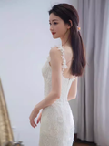 Cifeeo- Vintage Mermaid Straps Lace White Wedding Dress Brides Dresses C1463