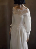 Cifeeo- Chic A line Off The Shoulder Lace White Wedding Dress With Long Sleeves C1466