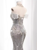 Cifeeo- Luxury Mermaid Off The Shoulder Short Sleeves Silver Sequin Wedding Dresses C146
