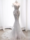 Cifeeo- Luxury Mermaid Off The Shoulder Short Sleeves Silver Sequin Wedding Dresses C146