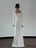 Cifeeo- Chic Mermaid Square Neckline Long Sleeves White Lace Wedding Dresses C1479