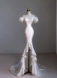 Cifeeo- White Mermaid Hi Lo Satin Beading Wedding Dress C1507