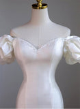 Cifeeo- White Mermaid Hi Lo Satin Beading Wedding Dress C1507