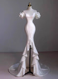 Cifeeo- White Mermaid Hi Lo Satin Beading Wedding Dress C1507